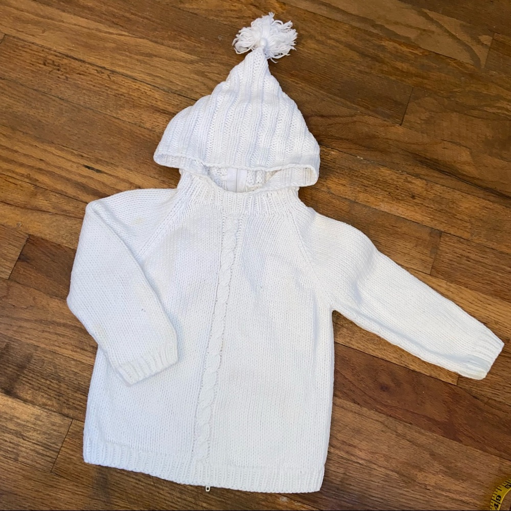White Cable Baby Hooded Sweater Back Zipper